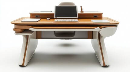 Isolated a white background A sleek modern classroom desk setup with a touch screen tablet and digital tools representing futuristic learning environments