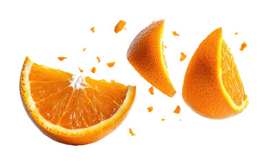 Cracked orange segments with vibrant pulp and scattered pieces, juicy citrus fruit explosion...