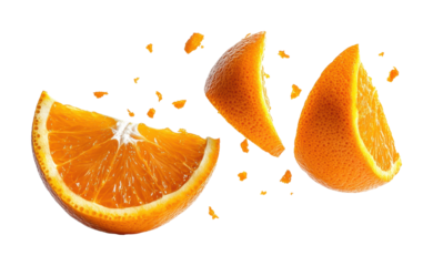 Cracked orange segments with vibrant pulp and scattered pieces, juicy citrus fruit explosion concept for food, freshness, and health ideas isolated on transparent background