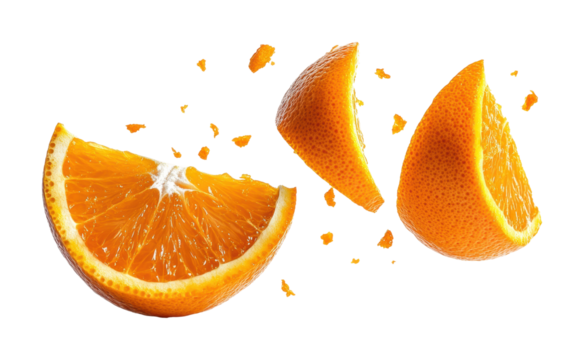 Cracked orange segments with vibrant pulp and scattered pieces, juicy citrus fruit explosion concept for food, freshness, and health ideas isolated on transparent background - Powered by Adobe