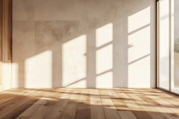 Sunlit empty room with wooden floor and textured wall.