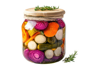 Jar of assorted pickled vegetables with colorful layers, carrots, cucumbers, onions, and spices, preserved homemade food for gourmet meals isolated on transparent background