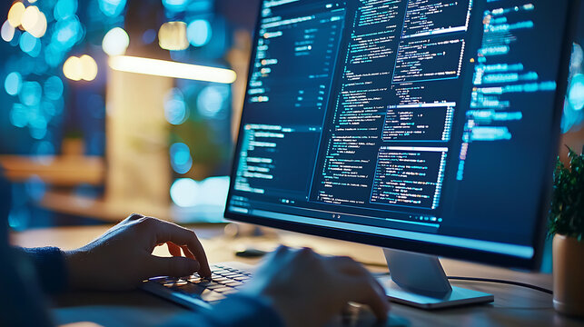 person working on computer, coding and analyzing data in modern workspace. screen displays various programming codes and information