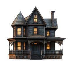 Dark haunted Victorian house with glowing windows, eerie old mansion for horror, Halloween, mystery, and spooky ghost stories isolated on transparent background