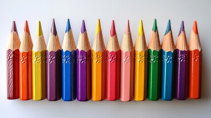 Fototapeta premium Isolated a white background A set of sharpened pencils in a rainbow of colors standing upright in a pencil holder