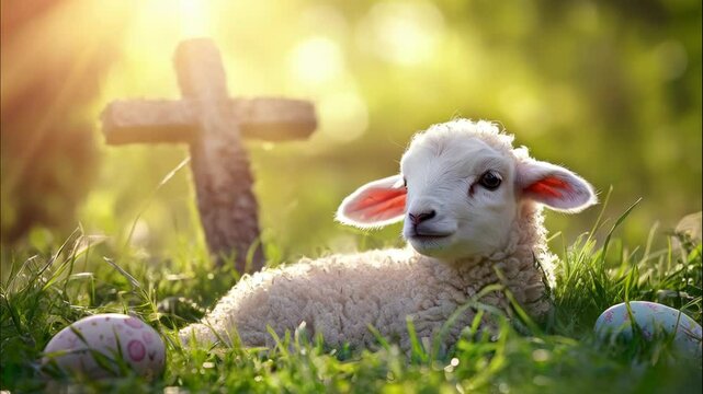 A cute lamb in the grass, with an Easter cross behind it