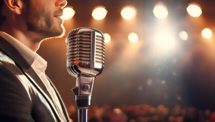 A vintage microphone stands proudly, its polished chrome reflecting brilliant stage lights. The ambiance suggests an intimate performance, filled with emotion and artistry