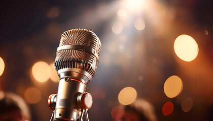 A close-up of a vintage microphone reveals its intricate grille and polished chrome details as it stands ready for performance. Soft lighting adds an artistic flair, enhancing its nostalgic charm