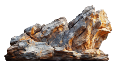 Large realistic natural rock formation with textured surface, warm orange and grey tones, geology concept, landscape element isolated on transparent background