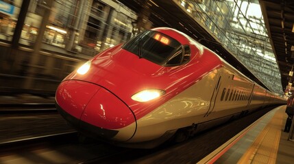 Fototapeta premium Red and White High Speed Train Traveling Through Station