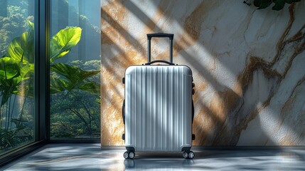 Silver suitcase in sunlit room near window.