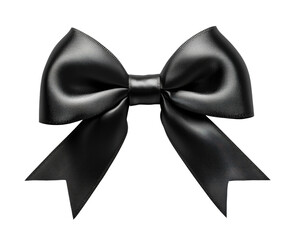 Elegant black ribbon bow with a shiny finish and detailed loops, classic decorative accessory for gift wrapping or design projects isolated on transparent background