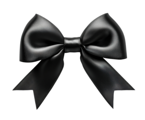 Elegant black ribbon bow with a shiny finish and detailed loops, classic decorative accessory for gift wrapping or design projects isolated on transparent background