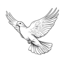Obraz premium Beautiful line art illustration of a fully flying dove, white background