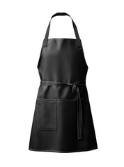 Black cooking apron with adjustable straps, front pocket design, professional chef kitchenwear, durable fabric, and minimalist style for culinary use isolated on transparent background