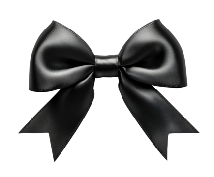 Elegant black ribbon bow with a shiny finish and detailed loops, classic decorative accessory for gift wrapping or design projects isolated on transparent background