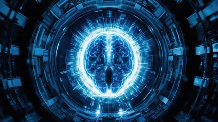 Glowing human brain inside futuristic technology interface.