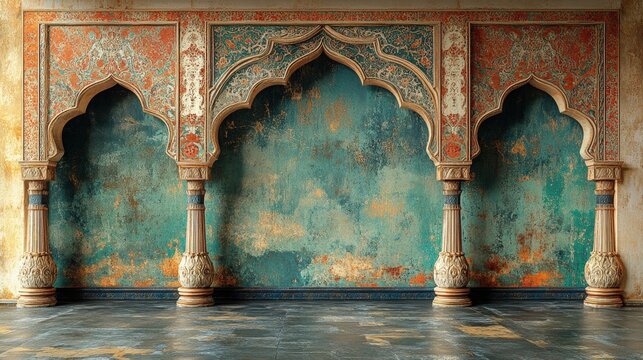 Ornate arches, pillars, and aged teal wall in a historic palace interior.