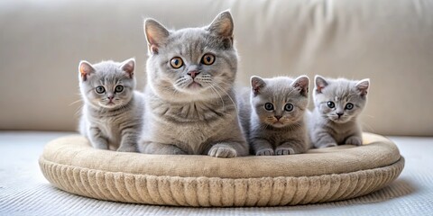 British Shorthair cat with small grey kittens playing on a soft cushion