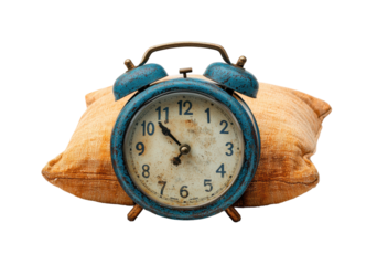Vintage blue alarm clock resting on a soft pillow, antique timepiece with rustic design, retro decor and nostalgic detail isolated on transparent background