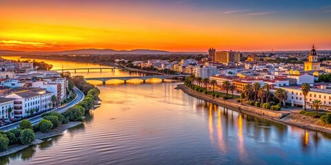 Fototapeta premium Cityscape of Huelva at sunset with the Rio Guadalquivir flowing through it, huelva, city
