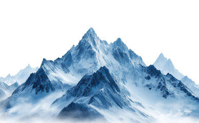 Obraz premium Snow-capped mountain peaks with rugged terrain, misty valleys, and pristine white slopes, dramatic natural landscape for adventure and scenic beauty isolated on transparent background