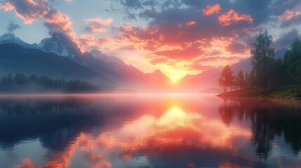 Fototapeta premium A serene sunset over a tranquil lake, reflecting vibrant colors and surrounding mountains.