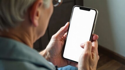 An older person is holding a smartphone with a blank white screen. Concept of senior technology. Mock up