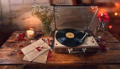 A retro record player spins a vinyl, creating a serene atmosphere. Surrounding it are dried...