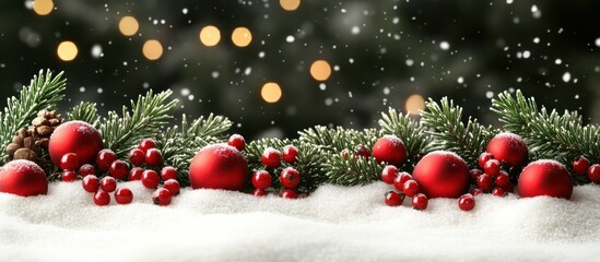 Festive scene with red ornaments, pine branches, and snow, evoking a Christmas atmosphere.