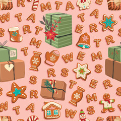 Seamless Christmas pattern. Holiday background with Christmas elements. Cartoon texture for fabric, wallpaper, wrapping paper.	