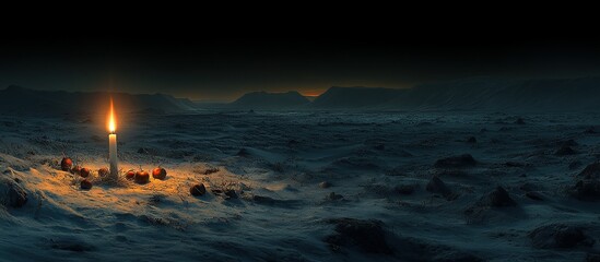 Obraz premium A solitary candle illuminates a desolate, icy landscape under a dark sky.