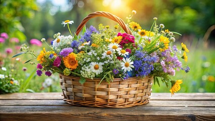 Blooming bouquet of mixed wildflowers in a rustic wooden basket, mixed wildflowers, bouquet, flower arrangement, garden