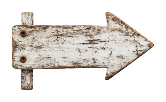 Wooden direction arrow sign pointing right for navigation and guidance purposes. Isolated on transparent background, png.