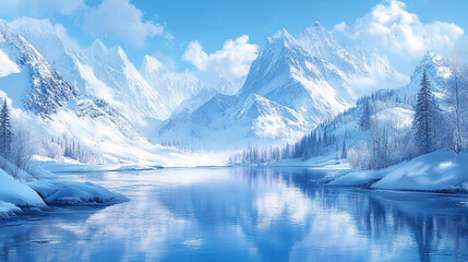 Majestic Arctic winter landscape showcasing snow-covered mountains, icy waters, and a vast sky reflecting the cold yet serene chaos of nature's power and tranquility in a panoramic view

