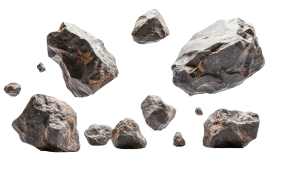 Floating rocky debris with rugged texture, scattered stone fragments for fantasy or space settings, detailed asteroid elements isolated on transparent background