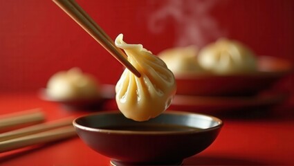 A steaming dumpling is delicately held by chopsticks, dipping into soy sauce on a beautifully patterned plate, set against a red background. Generative, AI,