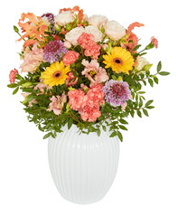 Bouquet of pink, yellow flowers, white vase cut out isolated transparent background