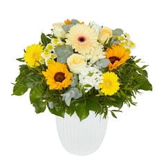 yellow flower bouquet Orange cream, white vase cut out isolated transparent background