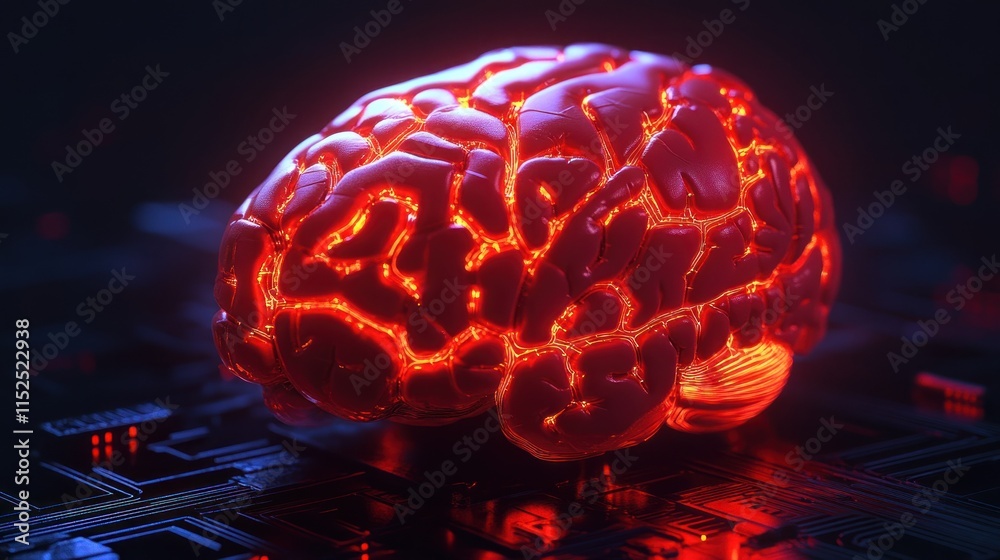 Poster glowing red brain on a circuit board, representing artificial intelligence and neural networks.
