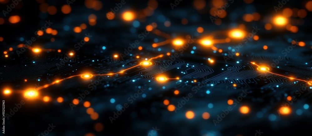 Poster abstract digital network with glowing nodes and connections, representing technology and data flow.
