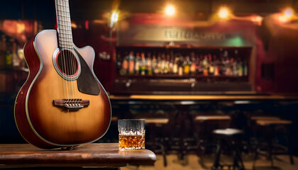 A vintage resonator guitar leans elegantly on a wooden stool, accompanied by a whiskey glass, emanating a nostalgic vibe in a dimly lit bar. The ambiance invites relaxation and music
