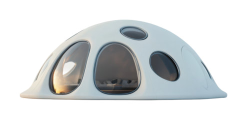 Colony dome structure situated in an open area featuring rounded windows and a unique design for modern living. Isolated on transparent background, png.