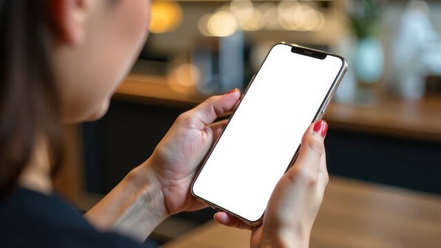 A woman holds a smartphone with a blank white screen, viewed from behind, in an indoor setting.
Concept of mobile technology. Mock up
