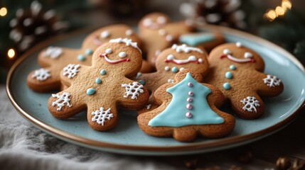 A plate of decorated gingerbread cookies, including festive shapes like trees and gingerbread men.