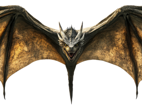 Majestic dragon soars directly toward the viewer in a stunning display of mythical power and grace. Isolated on transparent background, png.