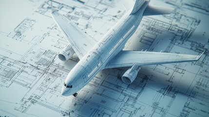 A 3D illustration of an airplane blueprint showing the technical schematics and design 
