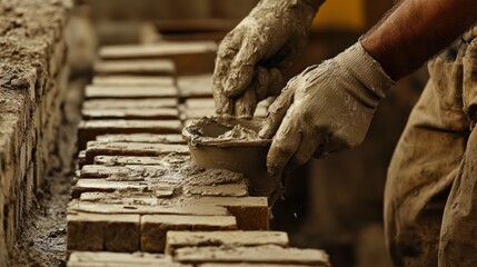 A mason spreading mortar evenly across a row of bricks using precise, practiced motions, 