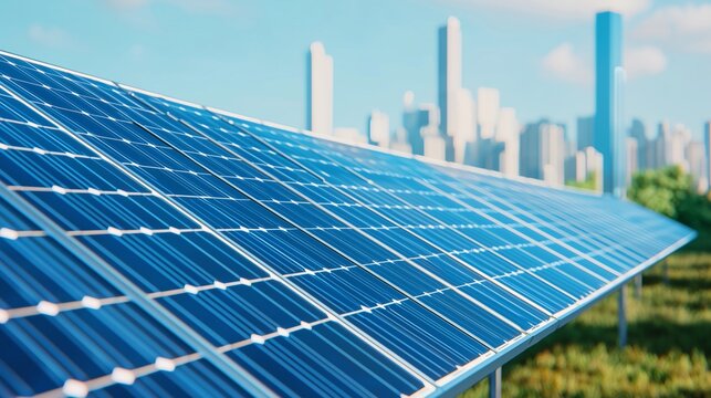 Solar panel installation demonstration urban skyline photography sustainable energy ground level renewable future