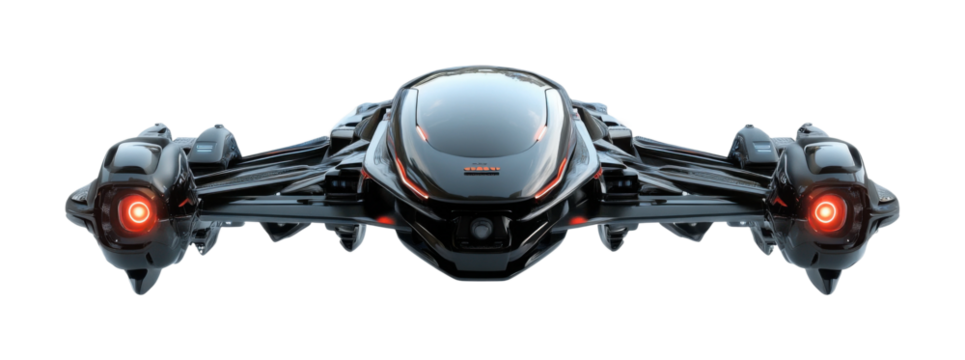 Modern futuristic drone, sleek design and quadcopter structure, advanced technology for surveillance or delivery isolated on transparent background